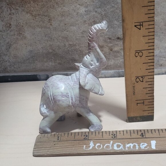 Small Hand Carved Elephant Figurine Pink White Stone Marble Onyx Trunk Raised - Picture 9 of 12